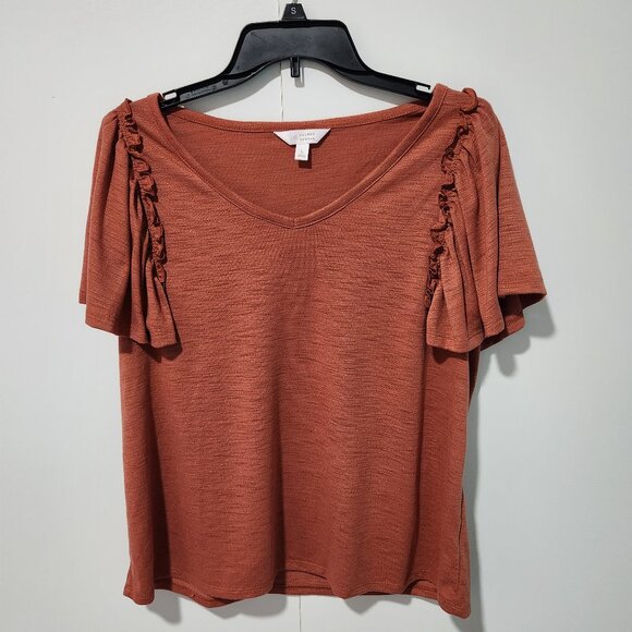 LC Lauren Conrad Tops - LC Lauren Conrad Orange Short Sleeve V-Neck Ruffle Sleeves- T-Shirt- Large